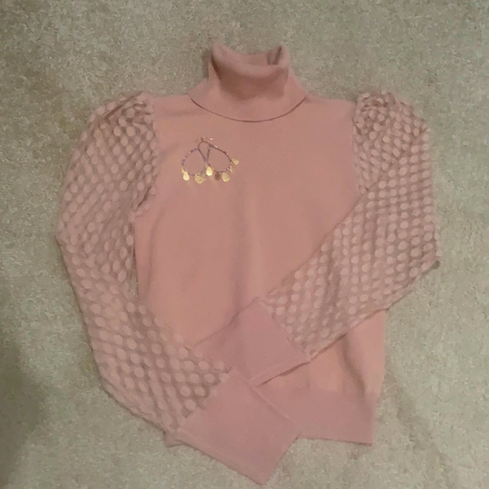 Boutique Turtleneck Sweater-Mauve with Shear Puffed Sleeves & Banded Waist.